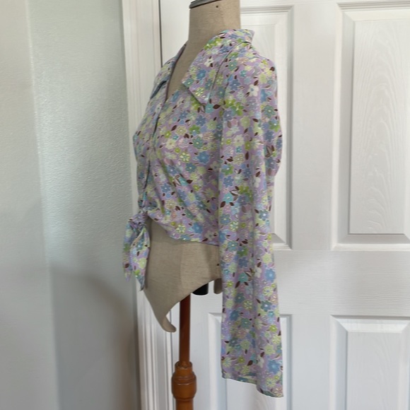 Y2K crop top tie waist floral button down shirt long bell sleeve blouse womens S - Picture 10 of 12